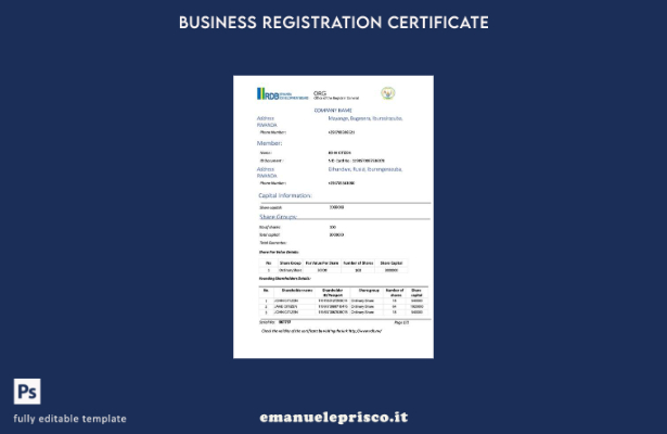 certificato di registrazione del Ruanda in stile verificato Modello Word e PDF